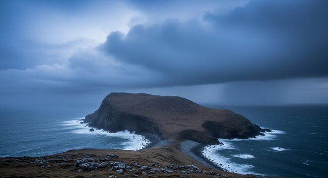 Dramatic coastal landscape with rugged island under moody, stormy clouds at sea. - Powered by Adobe