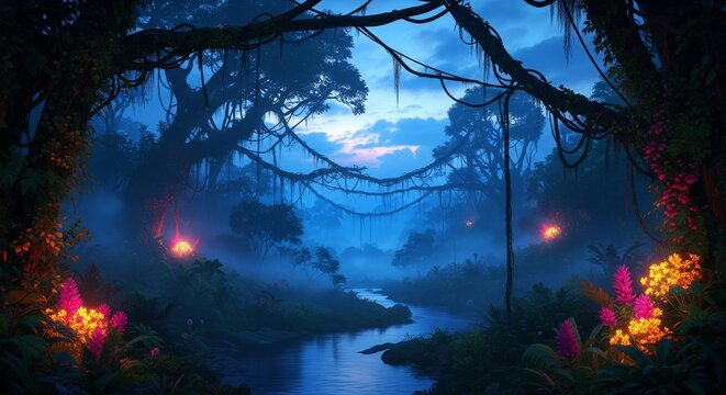 Immersive jungle landscape with a winding river, glowing flora, and a dense canopy at twilight, capturing the magical atmosphere and enchanting beauty of nature.