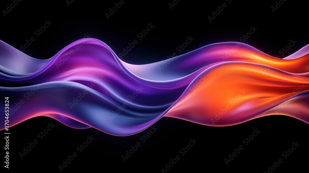 Poster Abstract flowing silky fabric waves in purple and orange hues against a black background creating a smooth dynamic and vibrant visual effect