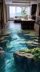 Immersive aquatic floor design transforming a modern living space into tranquil underwater sanctuary