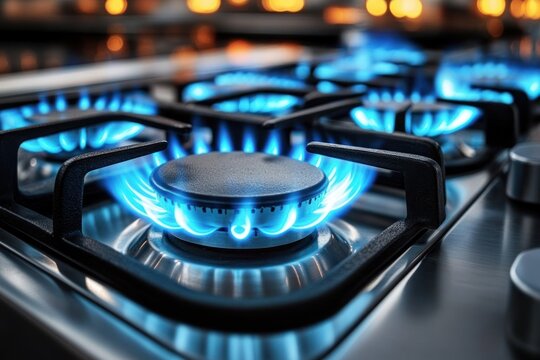 Close-up of multiple blue flames burning on gas stove burners creating a bright and warm cooking environment