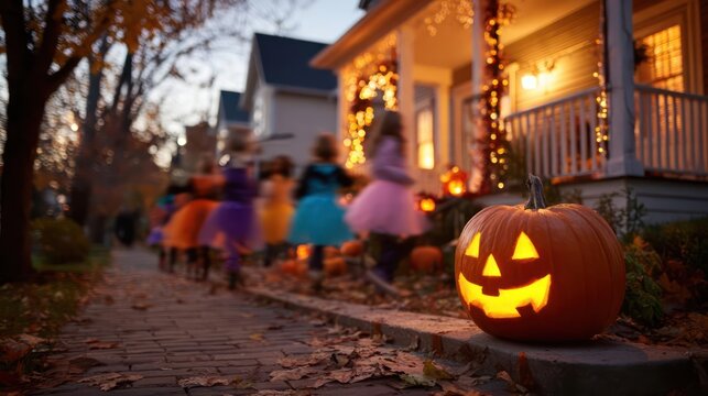 Children in colorful costumes walking down a leaf strewn path towards a house decorated for halloween with a glowing jack o lantern
