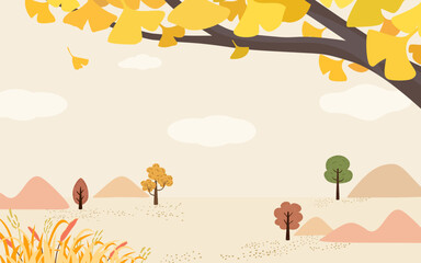 Autumn landscape. A stylized and calm view of a rural scene with ginkgo leaves and trees. This warm and serene background is perfect for seasonal designs, banners, or invitations.