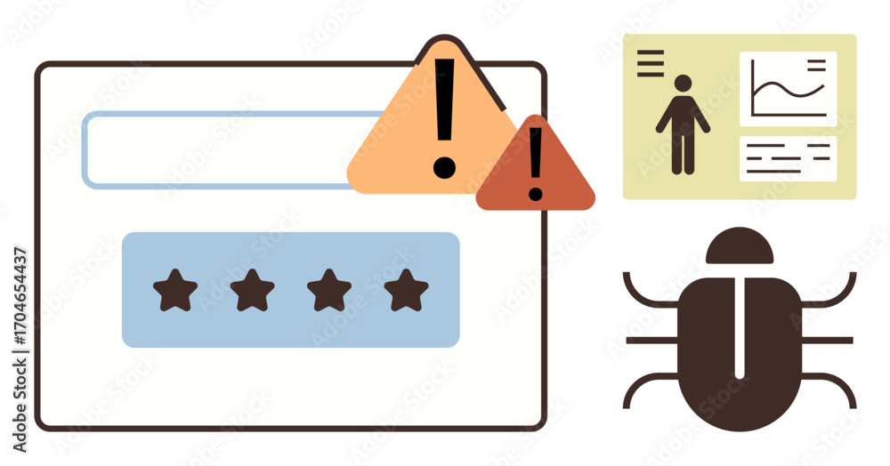 Poster login form with password input, error alerts, bug graphic, and analytics panel. ideal for cybersecur