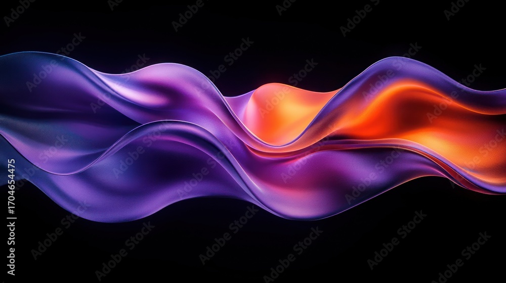 Poster fluid and flowing abstract waves with vibrant purple and orange colors against a black background cr