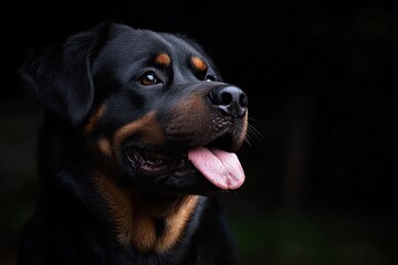 Fototapeta premium Close-up portrait of a happy black and brown dog with tongue out looking attentively to the side against a dark background