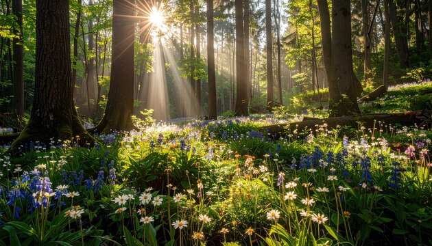 Sunlight streams through a forest floor blanketed in wildflowers - Powered by Adobe