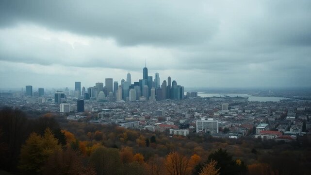 Skyline of the City with grey clouds during stormy autumn season