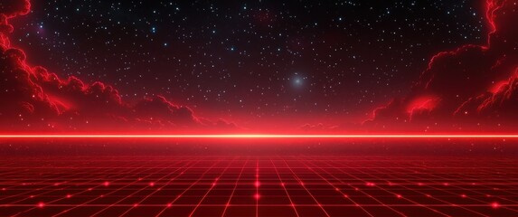 futuristic digital landscape with glowing red grid plane under starry sky and illuminated red clouds creating a sci-fi surreal atmosphere