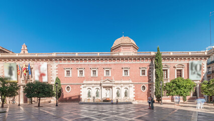 Patriarch's College Square in Valencia timelapse, featuring fountain with sculptures. Spain