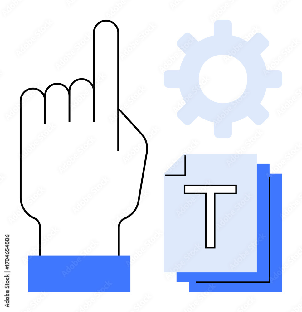Poster hand pointing upward near a gear icon and stacked text documents. ideal for concepts thumbs up navig