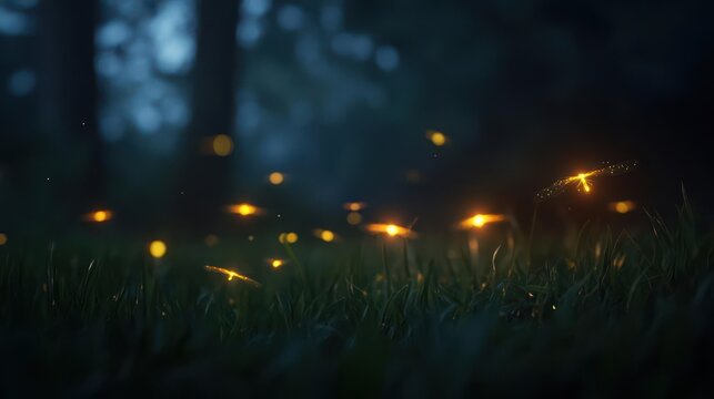 Enchanted forest meadow with glowing fireflies illuminating the darkness night - Powered by Adobe