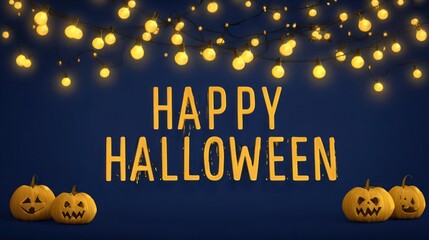Festive happy halloween message illuminated by warm golden string lights above carved pumpkins on a dark blue background