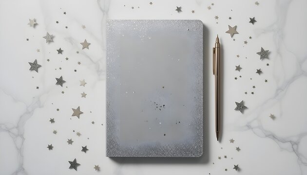 Elegant notebook and pen with scattered star confetti on marble, perfect for journaling or planning