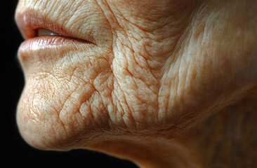 Naklejka premium Close-up of deeply wrinkled skin around the mouth and chin of an elderly person showing texture and signs of aging