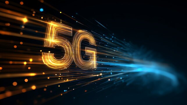 Abstract glowing golden 5g symbol composed of digital particles streaking through a dark background with blue light trails