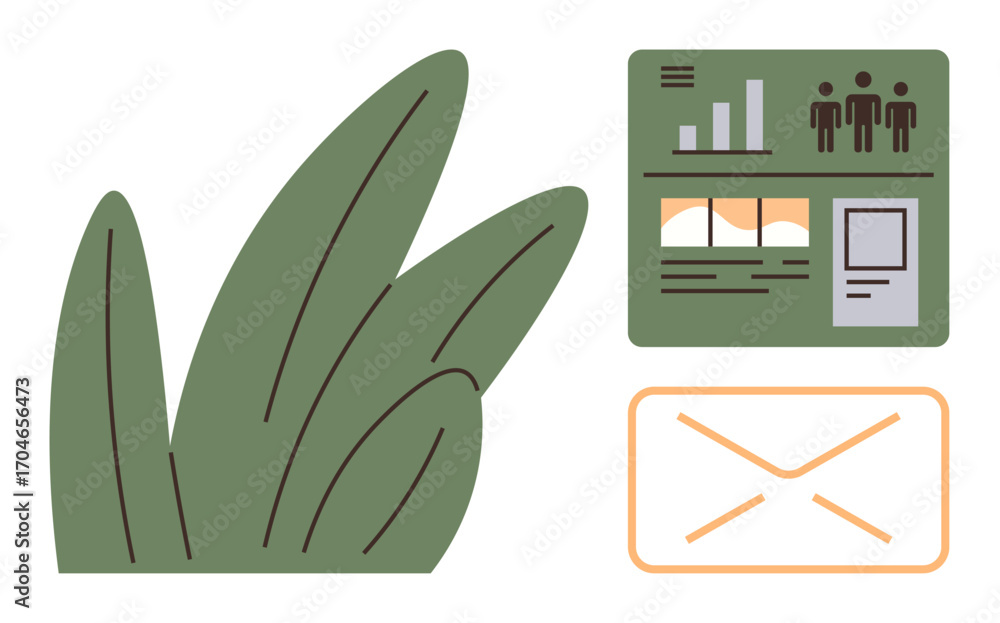 Poster green leaves, analytics interface with graphs and user data, envelope symbolizing communication. ide