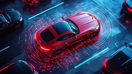 Red sports car surrounded by glowing digital circuit patterns in a dark parking lot with other vehicles reflecting red lights, conveying futuristic technology and innovation