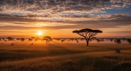 Obraz premium African savanna sunrise with acacia trees silhouetted against a vibrant sky, creating a peaceful landscape.