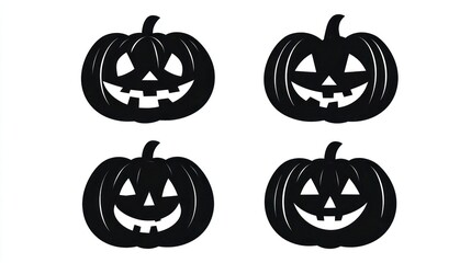 Four black silhouette jack o lanterns with carved spooky faces on a white background