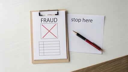 Stop Fraud with Clear Warning Sign on Clip Board and Paper Note