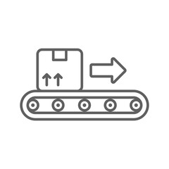 Conveyor belt icon. Simple outline style. Conveyor belt with box, manufacturing, production, warehouse, package, industry, factory concept. Thin line symbol. Isolated design editable stroke.