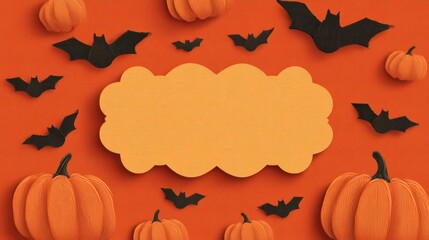 Festive halloween background with flying bats and pumpkins surrounding a blank orange note for text