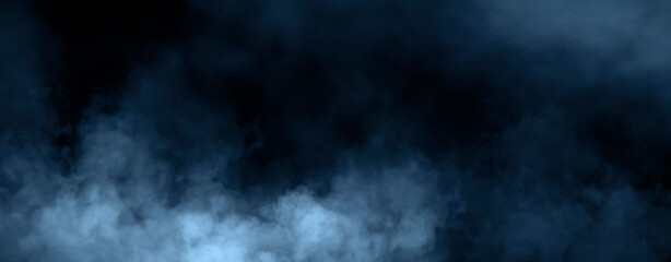 Panoramic view fire blue smoke, fog on isolated black background, creating a mysterious and backdrop, creating a dreamy, atmospheric effect for artistic