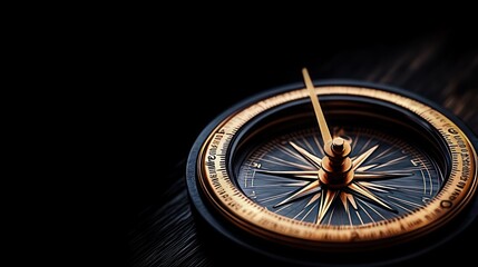 Close-up of a gold and black vintage compass with detailed direction markings on a dark wooden surface, evoking exploration and navigation