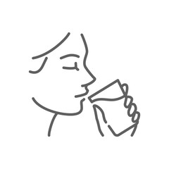 Woman drinking a glass of water icon. Simple outline style. Drink, mouth, face, person, girl, people, hand, skin, thirst, perfect, thirsty concept. Thin line symbol. Isolated design editable stroke.