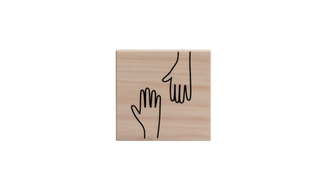 Reaching hands graphic symbolizing support, connection, and help on a natural wood texture