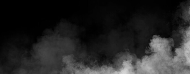 Panoramic view fire smoke, fog on isolated black background, creating a mysterious and backdrop, creating a dreamy, atmospheric effect for artistic