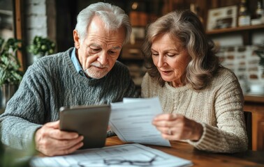 Elderly couple sitting at a wooden table in a cozy home environment, reviewing documents and using a tablet together with focused expressions