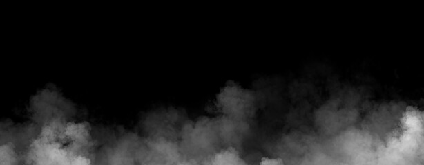 Panoramic view fire smoke, fog on isolated black background, creating a mysterious and backdrop, creating a dreamy, atmospheric effect for artistic