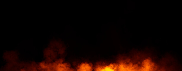 Panoramic view fire smoke, fog on isolated black background, creating a mysterious and backdrop, creating a dreamy, atmospheric effect for artistic
