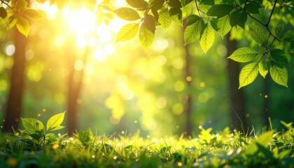 Obraz premium Sunlight filters through lush foliage. Verdant forest floor bathed in morning light