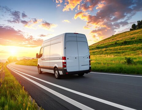 Light gray delivery van on winding road at sunset