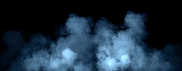 Panoramic view fire blue smoke, fog on isolated black background, creating a mysterious and backdrop, creating a dreamy, atmospheric effect for artistic
