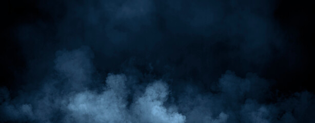 Panoramic view fire blue smoke, fog on isolated black background, creating a mysterious and backdrop, creating a dreamy, atmospheric effect for artistic