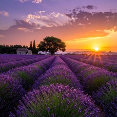 Fototapeta premium Lavender fields at sunrise, a picturesque landscape
