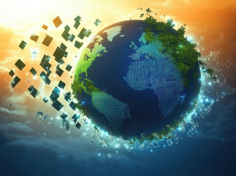 Digital globe with continents covered in green foliage and blue binary code symbols, surrounded by floating luminous data blocks against a glowing sky