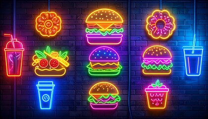 Neon signs of colorful fast food