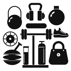 Assortment of Black Silhouette Icons for Gym and Workout Equipment on White Background fitness