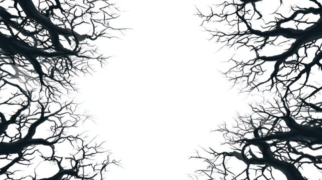 Silhouetted bare tree branches reaching upwards against a bright white sky creating a symmetrical frame