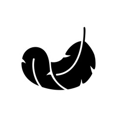 Feather icon. Simple glyph style. Light, weight, smooth, pillow, bird, quill, fluff, falling, lightweight concept. Silhouette, solid symbol. Isolated design.