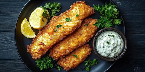 Crispy golden fried fish fillets served on a black plate with fresh parsley, lemon wedges, and creamy herb sauce, creating an appetizing and fresh seafood dish