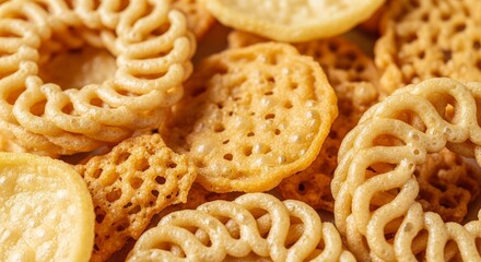 Close-up of assorted crispy Indian murukku and chakli snacks, perfect for festive occasions.