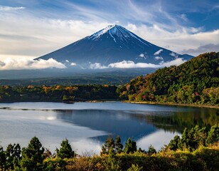 Majestic mountain reflecting on serene lake.  Autumn colors surround