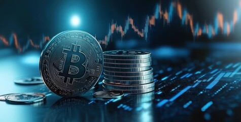 Close-up of metallic coins with cryptocurrency symbol stacked on a reflective surface with digital financial charts and blue light effects in the background