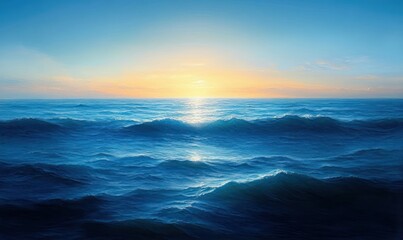 Obraz premium Vast ocean waves under a bright sun setting on the horizon with a clear blue sky and soft clouds, evoking calmness and serenity